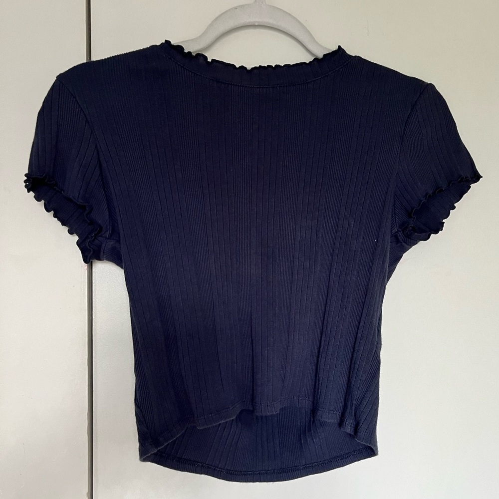 TOPSHOP SCALLOPED LINED NAVY T-SHIRT